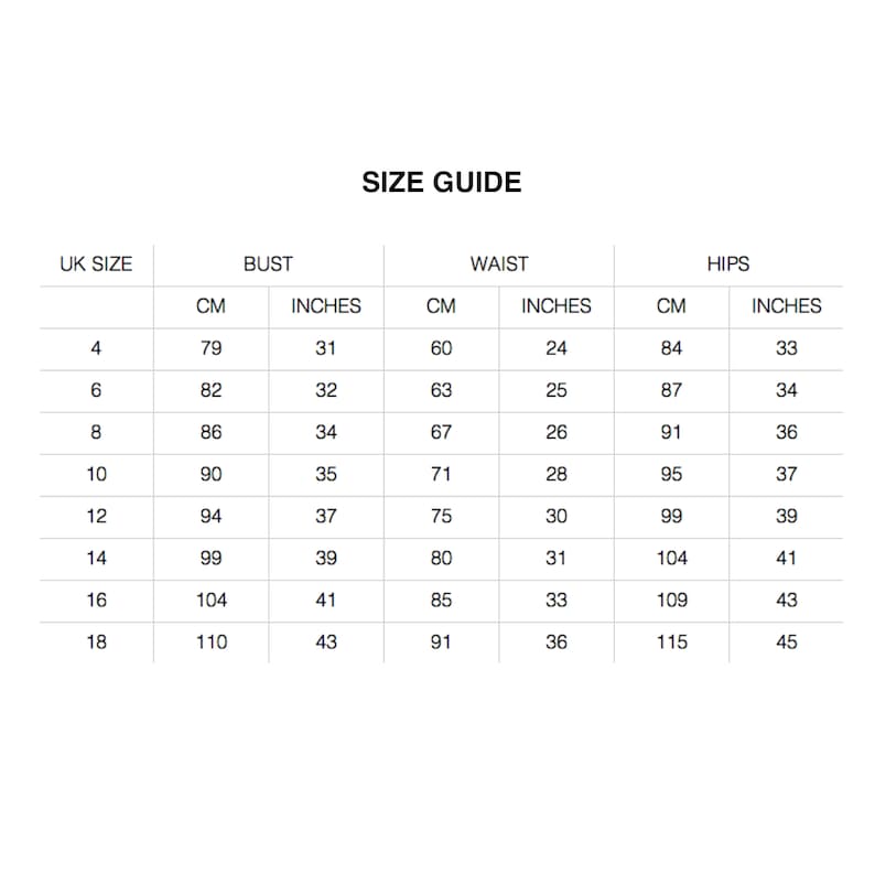 May include: Size guide chart for clothing with UK sizes, bust, waist, and hip measurements in both inches and centimeters.