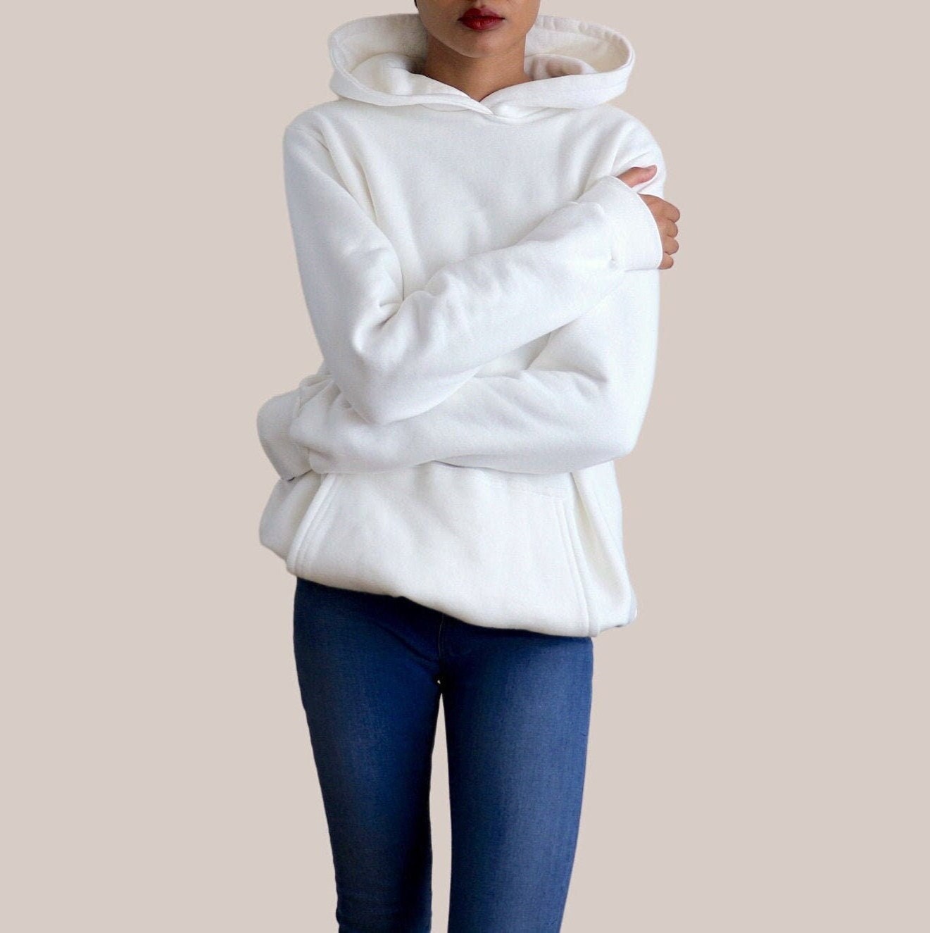 White Oversized Pullover Hoodie With Kangaroo Pocket UK