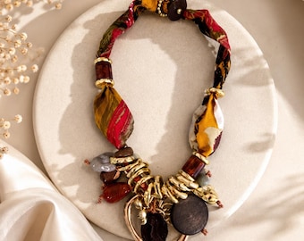 Bohemian Statement Necklace | Fabric & Wooden Bead Necklace | Artisan Tribal Jewelry | Chunky Pendant Necklace | Unique Handmade Gift