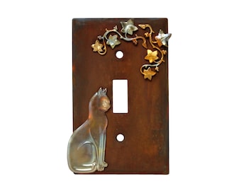 Hand Painted Rusted Metal Light Switch Plate Cover w/ Fire Treated Brass Charms, Whimsical Rustic Cat Wall Art Home Decor, Single Toggle