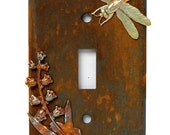 Rustic single toggle light switchplate cover with dragonfly and flowers charms in iron, rust and brass