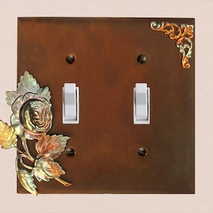 Hand Painted Rusted Metal Light Switch Cover w/ Fire Treated Brass Charms, Whimsical Rustic Rose Wall Art Floral Home Decor, Double Toggle