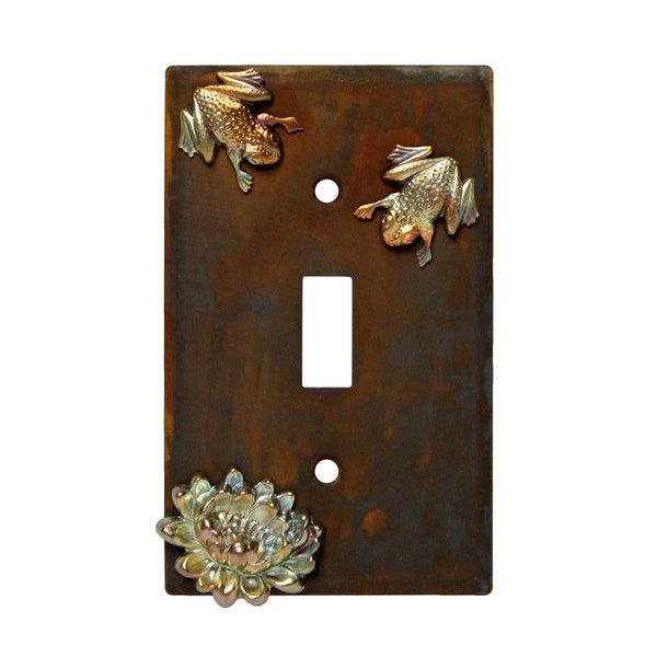 Hand Painted Rusted Metal Light Switch Plate Cover w/ Fire Treated Brass Charms, Whimsical Rustic Frog Lover Wall Art Decor, Single Toggle