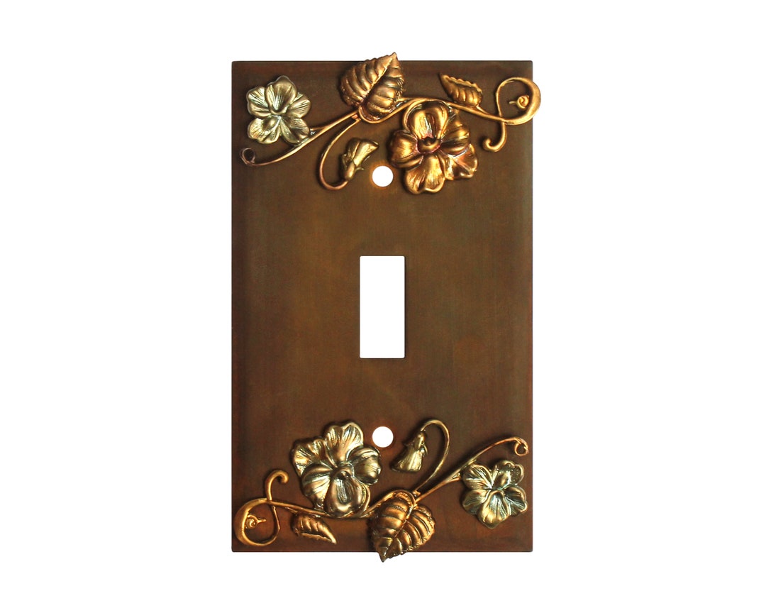 Rustic Light Switch Plate Cover W/ Fire Treated Brass Charms, Rusted