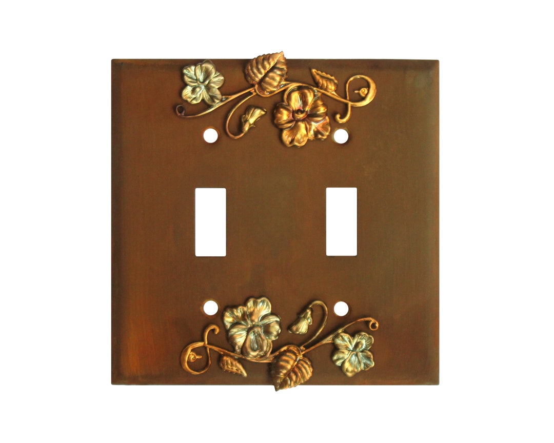 Rustic Light Switch Plate Cover W/ Fire Treated Brass Charms, Rusted