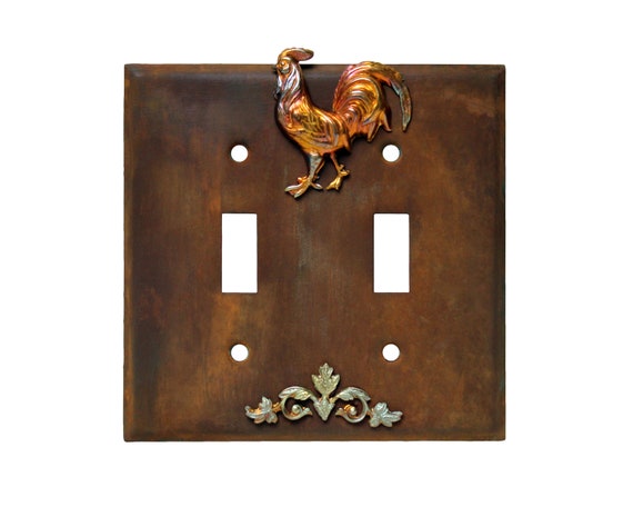 Hand Painted Rusted Metal Light Switch Plate Cover w/ Fire Treated Brass Charms, Whimsical Rustic Rooster Wall Art Home Decor, Double Toggle