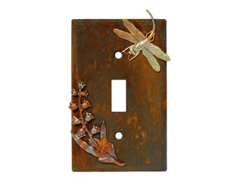 Hand Painted Rusted Metal Light Switch Plate Cover w/ Fire Treated Brass Charms, Whimsical Rustic Dragonfly Wall Art Decor, Single Toggle