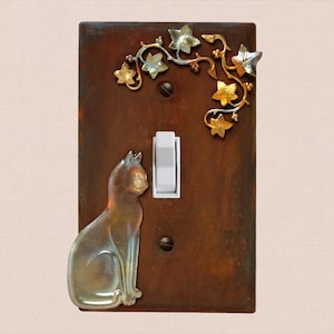 Hand Painted Rusted Metal Light Switch Plate Cover w/ Fire Treated Brass Charms, Whimsical Rustic Cat Wall Art Home Decor, Single Toggle