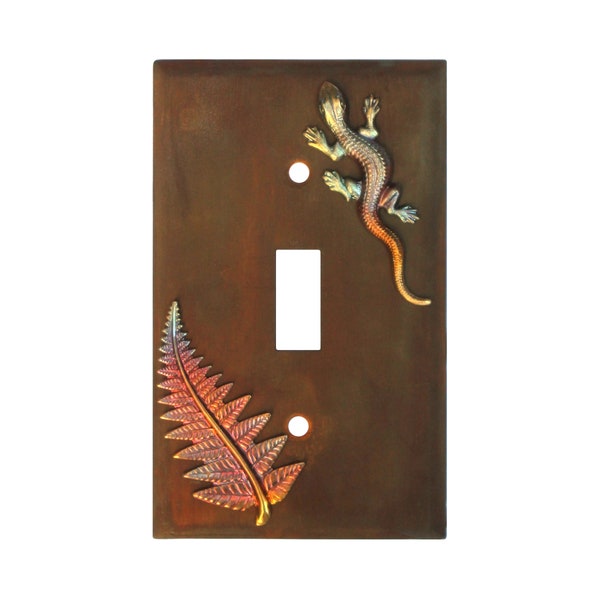 Hand Painted Rusted Metal Light Switch Plate Cover w/ Fire Treated Brass Charms, Whimsical Rustic Gecko Wall Art Lizard Decor, Single Toggle