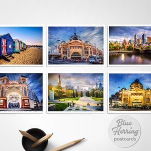 Cartolina Melbourne, Confezione da sei stampe, Fotografia di viaggio, Australia made, piccola stampa d'arte, Flinders Street, Brighton Beach, piccoli regali
