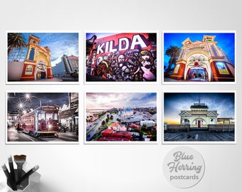 StKilda Postcard, Pack of Six Icons, Australia Travel, Melbourne Photos of Luna Park, St.Kilda Pier, Graffiti Street Art, Acland Street