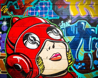 London Street Art, Graffiti Wall Art, urban art prints, woman in red helmet, Teenager Gifts, hipster decor, extra large canvas, mural artist