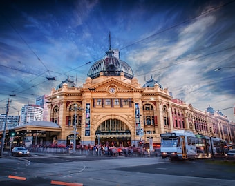 Melbourne Australia, Flinders Street Station, Photography Print, wall decor living room, City skyline art, Tram Art, travel poster, landmark