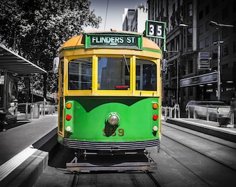 Melbourne Tram, Photography Print, Australia Poster, Flinders Street Station, Green Decor, city photo, vintage tram, travel gift for him