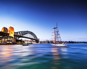 Sydney Harbour Bridge, Sydney Print, Australia Photograph, Travel Poster, Wedding Gifts for Couple, city skyline, water reflection, sailboat