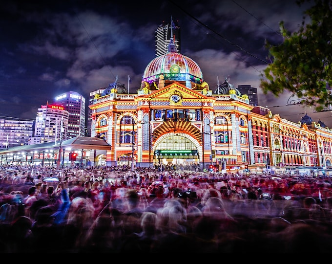 Featured listing image: Melbourne Photography, Flinders Street Station, City Night Print, Australia Wall Art, Crowd of People, living room decor, Unique Gift for