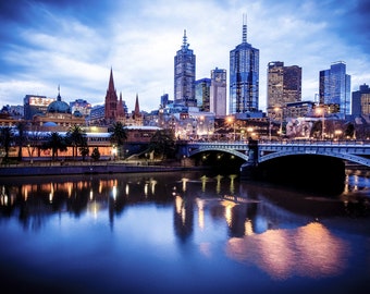 Melbourne Print, Flinders Street Station, Australia Photograph, Blue Wall Art, City Poster, Night sky, Christmas Gift for Him, Travel Gift