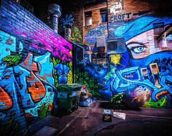 Ninja Mask, Street Art Print, Graffiti wall art, Melbourne Photo, Australia Poster, Travel Photograph, blue decor, Croft Alley, Gift for Her