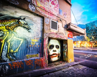 Melbourne street art, Graffiti Photography, Dark Knight Poster, Joker Painting, Hosier Lane, Fathers Day Gift, Boyfriend Gift, large canvas