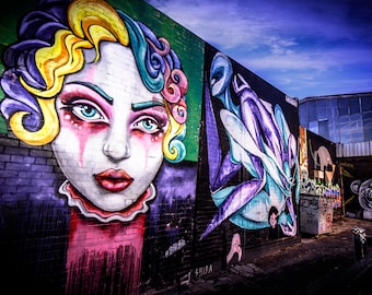 Graffiti wall art, Street Art Photo, Melbourne made, gifts for boyfriend, urban photography, girl clown face, purple decor, extra large art