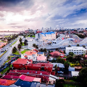 St Kilda Print, aerial beach photography, Melbourne poster, Stkilda Melbourne, city skyline, Luna Park, Australian beach prints, coastal art