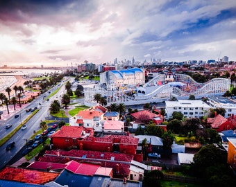 St Kilda Print, aerial beach photography, Melbourne poster, Stkilda Melbourne, city skyline, Luna Park, Australian beach prints, coastal art