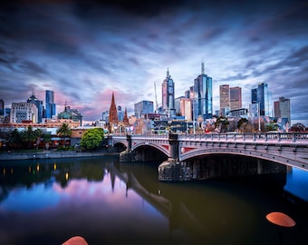Melbourne Photograph, City Sunset, blue wall art, Photography Prints, Melbourne Art, city skyline, Travel Poster, Wedding Gifts, Yarra River