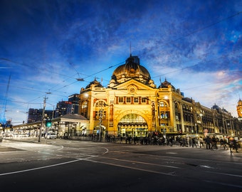 Flinders Steeet Station, Melbourne Poster, Australia Print, Photography Gifts, Travel Decor, Night Sky Print, Wall Art , Architectural Art