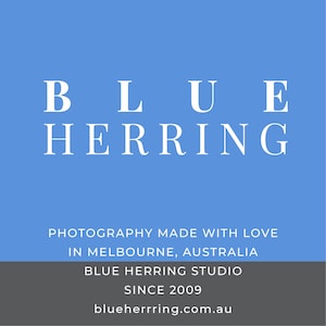 May include: Blue Herring Photography Studio logo with the text "Photography Made With Love In Melbourne, Australia" and "Blue Herring Studio Since 2009" and the website address "blueherrring.com.au".