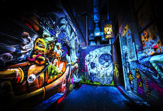 Street Art Mural, Melbourne Photography, Graffiti wall art, blue poster, skull decor, urban photography, ACDC Lane, Boyfriend Gift, Fathers