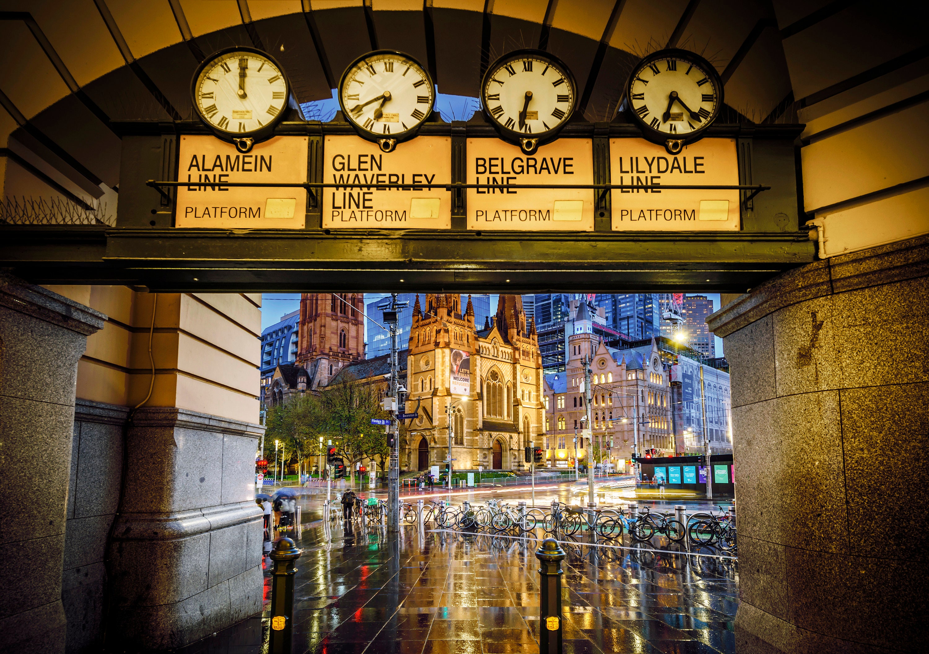 Beautiful night view of Flinders Street and Railway Station, Melbourne,  Australia Stock Photo