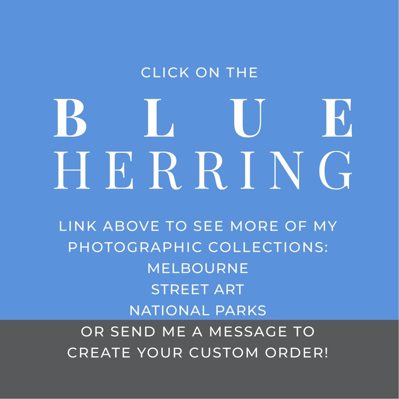 Puede incluir: Texto azul sobre fondo azul claro que dice "HAGA CLIC EN EL ENLACE BLUE HERRING ARRIBA PARA VER M&Aacute;S DE MIS COLECCIONES FOTOGR&Aacute;FICAS: MELBOURNE STREET ART PARQUES NACIONALES O ENV&Iacute;EME UN MENSAJE PARA CREAR SU PEDIDO PERSONALIZADO!"