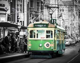 Black and White, Melbourne Tram Photo, Large Art Print, Flinders Street Station, City Architecture, Green Home Decor,  Big Wall Photograph