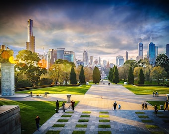 Melbourne Photograph, Sunset Print, Melbourne skyline, Large Wall Art Decor, Travel Photo, Shrine of Remembrance, Birthday Gifts for Her