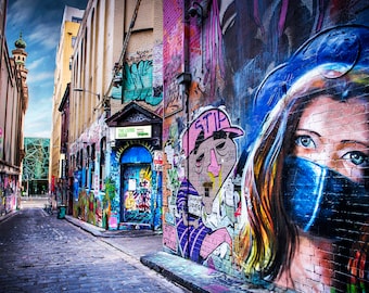 Melbourne Street Art, Graffiti Wall Art, Australian Made, Hosier Lane, face mask, Apartment Gift, extra large art, birthday gifts for her