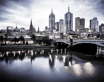 Melbourne Print, black and white photography, Melbourne City Skyline Photos, Large Wall Art, Flinders Street Station, Australian cityscape