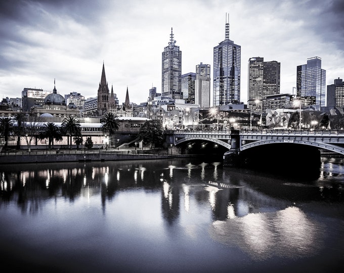 Featured listing image: Melbourne Print, black and white photography, Melbourne City Skyline Photos, Large Wall Art, Flinders Street Station, Australian cityscape