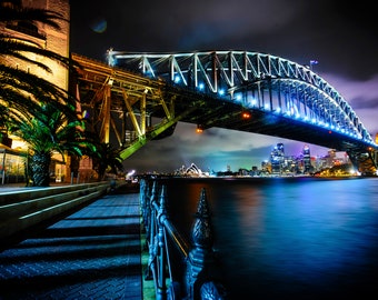 Sydney Harbour Bridge Print, Opera House, Australia Photograph, Zoom background, Travel Poster, Wedding Gift, night sky wall art, dark decor