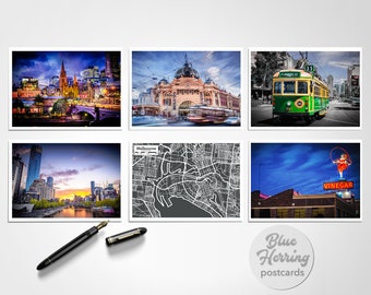 Melbourne Postcards Set of Six Icons, Australia Travel Photos, Melbourne Skyline Print Pack, Flinders Street, Yarra River, Skipping Girl