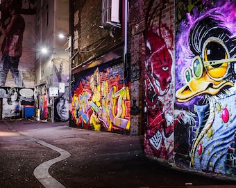 Street Art Print, Graffiti Wall Art, Melbourne Photography, ACDC Lane, Colour Street, teenage room decor, Christmas gift ideas, purple decor