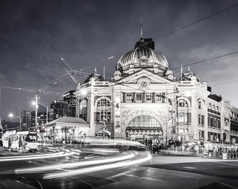 Melbourne city wall art, Black and White prints, Flinders Street Station, Australian made, Melbourne Art, Housewarming gift, home decor