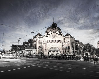 Flinders Street Station, Black and White Photo, Melbourne Photograph, Tram Print, Australia Travel souvenir, Birthday Gift for him, fathers