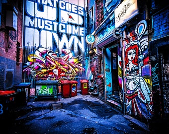 Graffiti Wall Art, Melbourne Print, Street Art Photography, Modern Art Prints, teen room decor, what goes up, rubbish bins, industrial photo