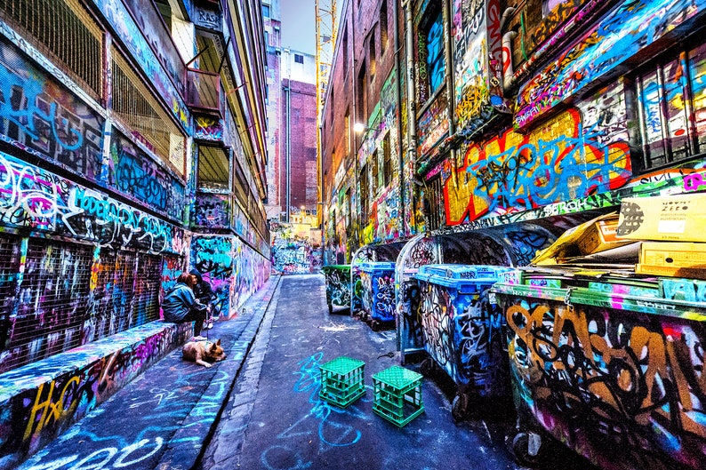 Street Art Print, Graffiti Wall Art, Melbourne Photography, Hosier Lane, industrial decor, spray paint art, urban jungle, Fathers Day Gift image 1