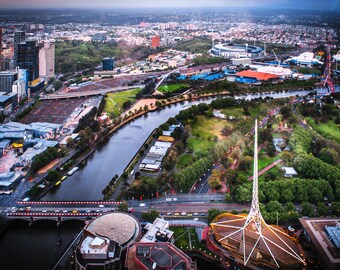 Melbourne Print, Melbourne Skyline, Australia Travel Photo, Eureka Tower, boyfriend gift, aerial photography, Flinders Street, city poster