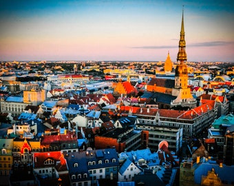 Riga Latvia, Photography Poster, Skyline Wall Art, Old City Print, Latvija Gift, Medieval Decor, Eastern European, panoramic sunrise, Viking