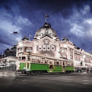 Melbourne Print, Flinders Street Station, Australia Made, Melbourne tram, photography prints, night sky print, wedding gifts, travel decor