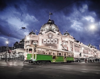 Melbourne Print, Flinders Street Station, Australia Made, Melbourne tram, photography prints, night sky print, wedding gifts, travel decor