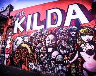 Cafe wall art, Graffiti Photography, St.Kilda street art, Melbourne Australia, red decor, Luna Park Melbourne, St. Kilda Beach, Photo gifts