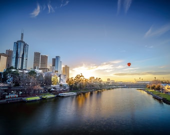 Melbourne Photograph, Sunrise wall art, Photography Prints, Melbourne Australia, Travel Poster, Hot Air balloon print, Wedding Gift for him